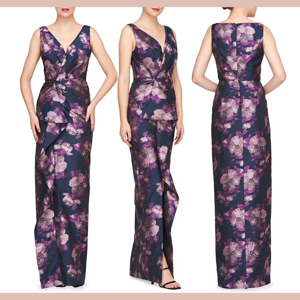 NWT $388 Kay Unger [ 8 ] Kennedy Floral Jacquard Draped Gown Wisteria/ Ink J1998